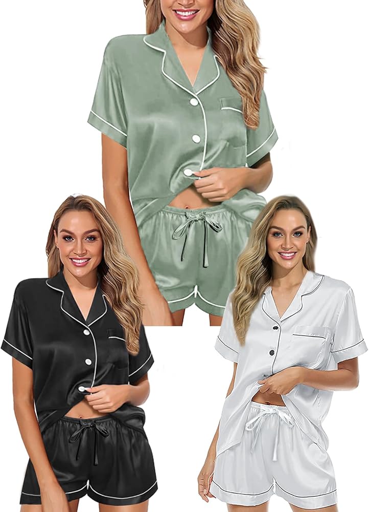 3Pack: Womens Silk Satin Pajamas Set Short Sleeve Top and Shorts Pjs Sets Silky Sleepwear Nightwear