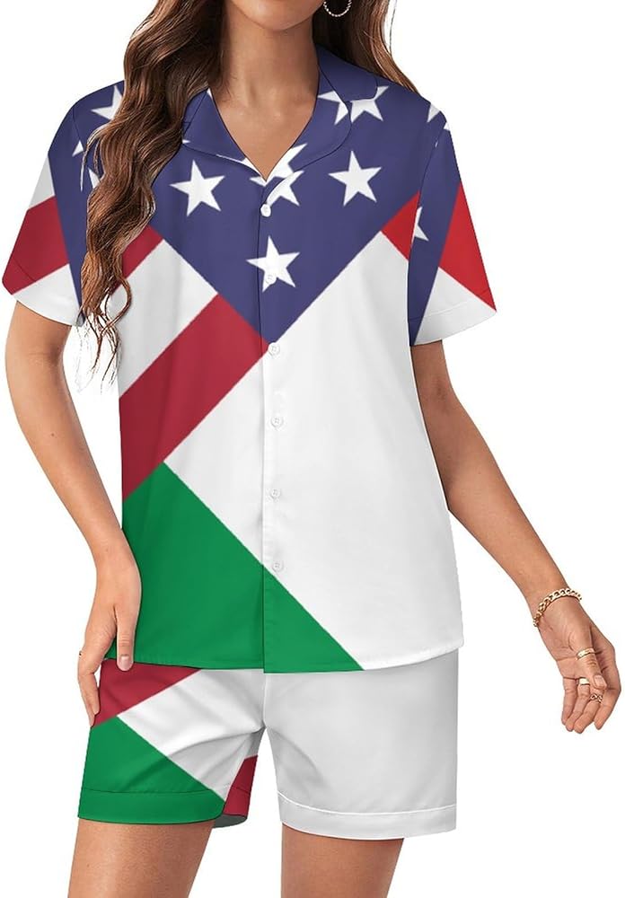 American Italy Flag Womens Silk Satin Pajamas Set Short Sleeve Button-Down Sleepwear Loungewear Pj Set