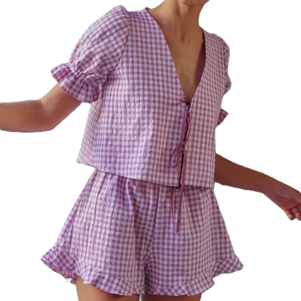 Women Plaid 2 Piece Pajama Sets Tie Front Short Sleeve Tops and Shorts Set Loungewear Cute Set Outfits Sleepwear