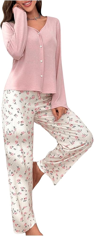 Verdusa Women's 2 Piece Pajama Sets Sleepwear Long Sleeve Button Up Top and Floral Pants