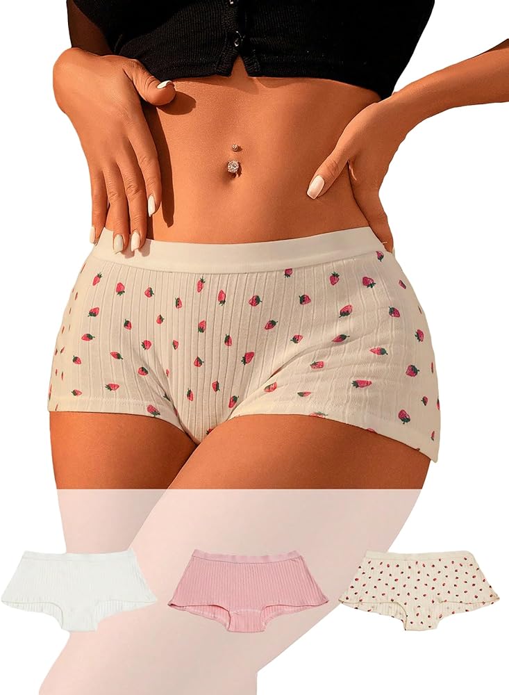 SweatyRocks Women's 3 Piece Strawberry Print Low Rise Boyshorts Panties Seamless Boxer Briefs Underwear