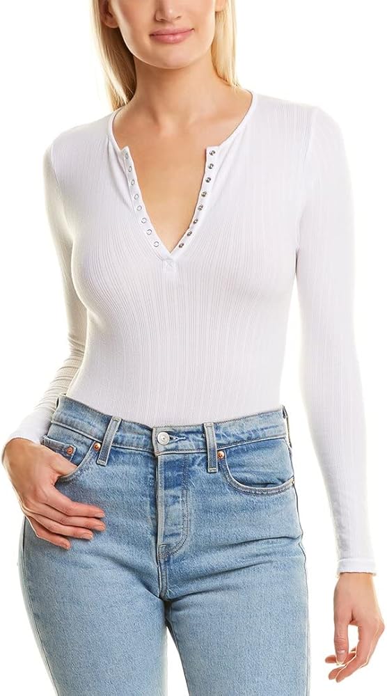 Yummie womens Katrina Long Sleeve Cotton Ribbed Seamless Henley Bodysuit