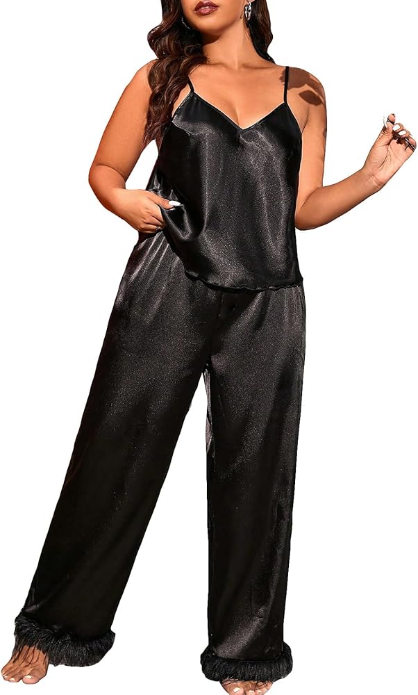 SOLY HUX Women's Plus Size Pajama Set Satin Fuzzy Trim Cami Tops and Pants Sleepwear Lounge Sets