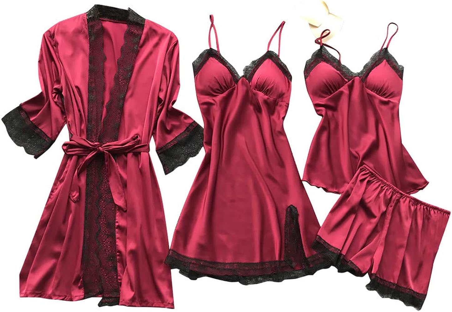 BOXIACEY Pajamas for Women Silk Pajama Set 4pcs Robe Babydoll Lingerie Satin Sleepwear Nightdress Lace Nightgown Set