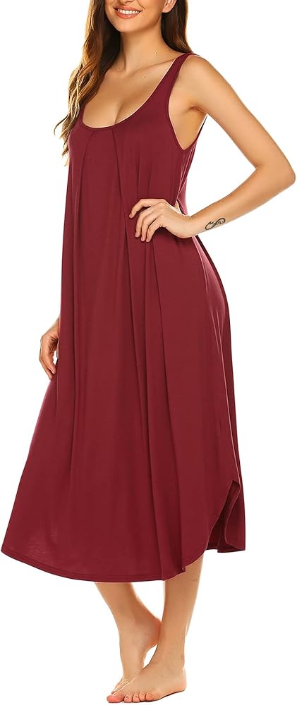 Ekouaer Women Nightgowns Long Sleeveless Sleepshirt Soft Tank Sleepwear Full Slip Nightshirt Wine Red L