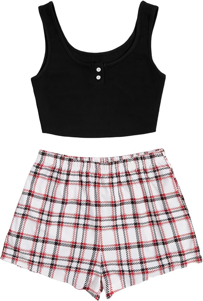 Verdusa Women's 2 Piece Outfits Crop Tank Top and Plaid Shorts Cute Loungewear Pajama Set