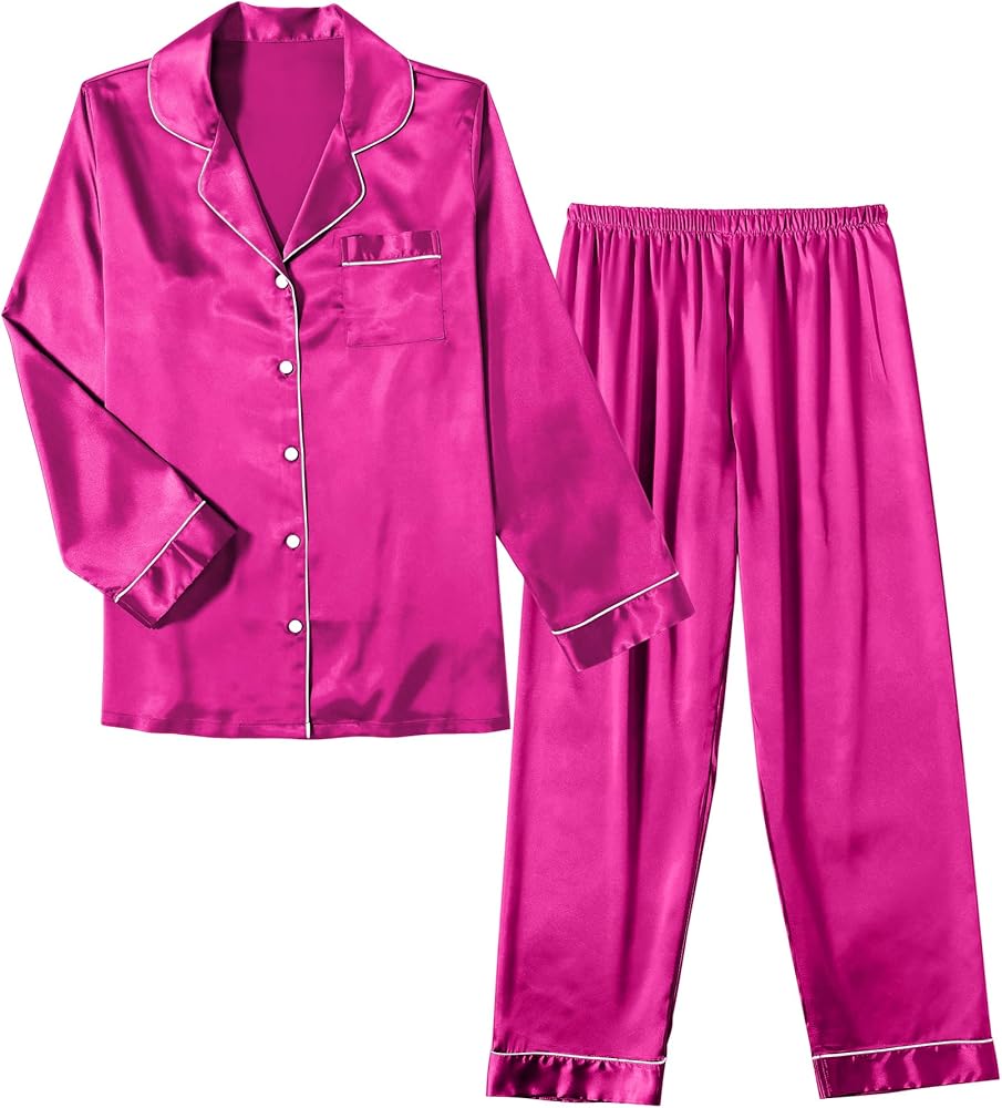 Ekouaer Women Satin Pajamas Set Classic Button Down Long Pjs Set