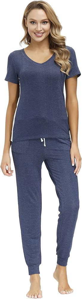 Echo Lounge Set for Women-Knit Short Sleeve V-Neck Tee and Sweat Pant W/Pockets, Soft, Breathable Jogger 2 Piece Sweatsuit