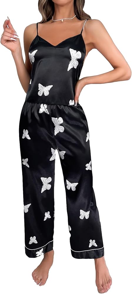 Verdusa Women's 2 Piece Satin Pajama Sets Butterfly Printed Cami Top and Pants Loungewear Pj Set