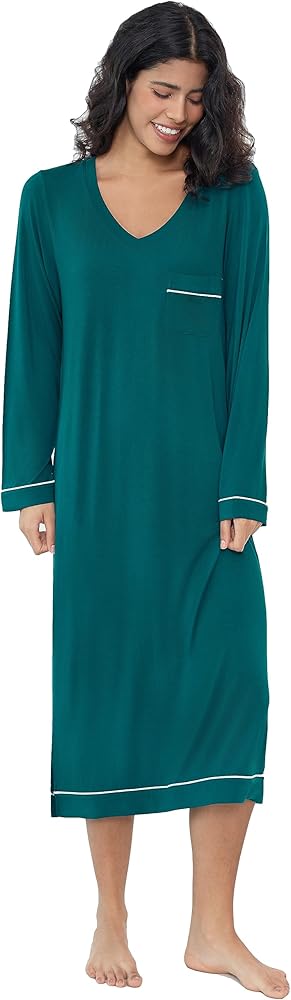 Joyaria Long Sleeve Nightgowns Ultra Soft Wicking Women V-Neck Mid Calf Sleep Shirts Viscose Made from Bamboo Sleepwear