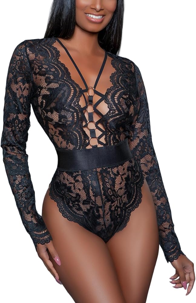 Ladies & Men's story Women Sexy Floral Lace Long Sleeves Bodysuit Backless Teddy Lingerie