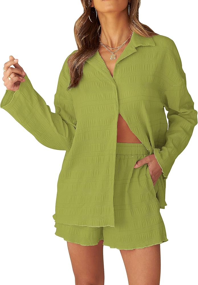 MEROKEETY Women's 2 Piece Outfits Long Sleeve Button Down Textured Shirt and Shorts Lounge Sets