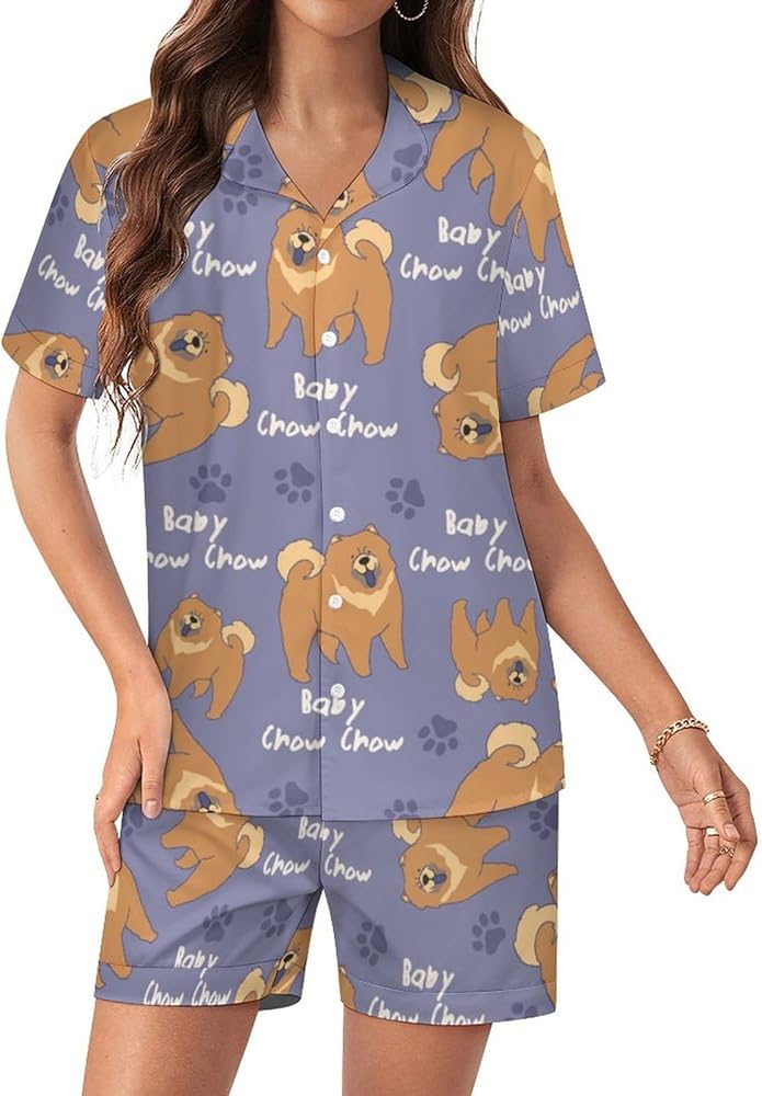 Little Chow Chow Women's Pajamas Set Two Piece Button Down Sleepwear Short Sleeve And Shorts Loungewear