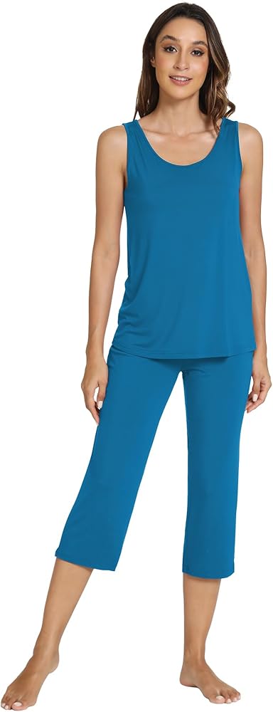 WiWi Pajamas for Women-Viscose Made from Bamboo Sleeveless Pjs Tank Top Capri Pants Pajama Set S-XX