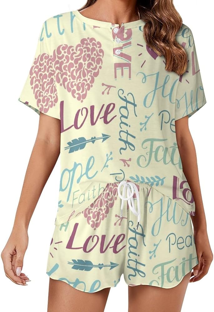 Faith Hope Love Floral Pattern Classic Women's Pajamas Loungewear Set Loose Short Sleeve Sleepwear With Pockets