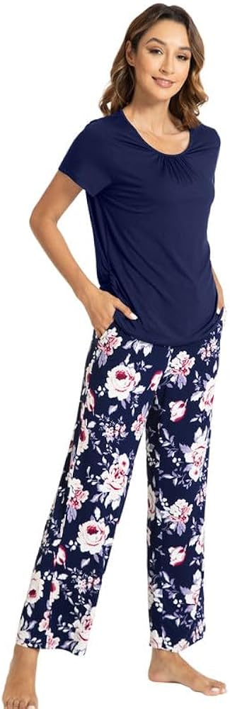 WiWi Women's Viscose from Bamboo Short Sleeve Pajama Set Soft Pants Lounge Sets Comfy Sleepwear S-XXL