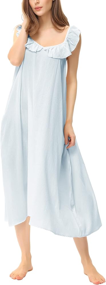 Zexxxy Women's Cotton Nightgowns Victorian Sleeveless Long Sleeping Dress Cute Ruffle Spaghetti Straps Maxi Night Gown S-XXL