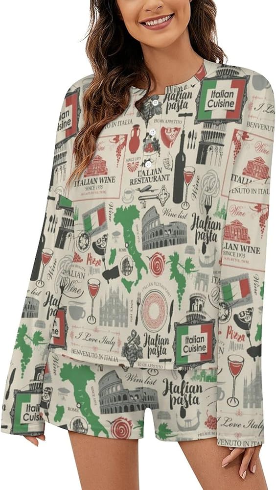 Theme Italian Cuisine Women's Pajama Sets 2 Piece Sleepwear Long Sleeve Top And Shorts Lounge Set Pjs