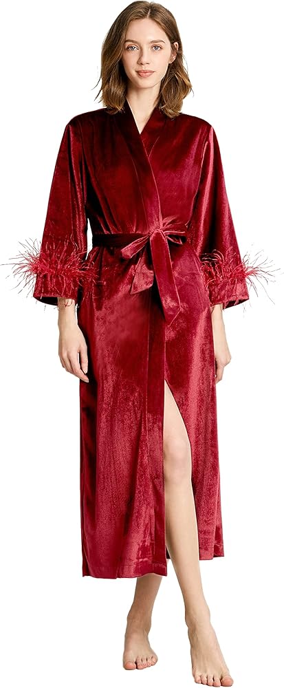 PRODESIGN Women Long Velvet Robe with Ostrich Feather Trim Soft Warm Bathrobe Pure Color Sleepwear