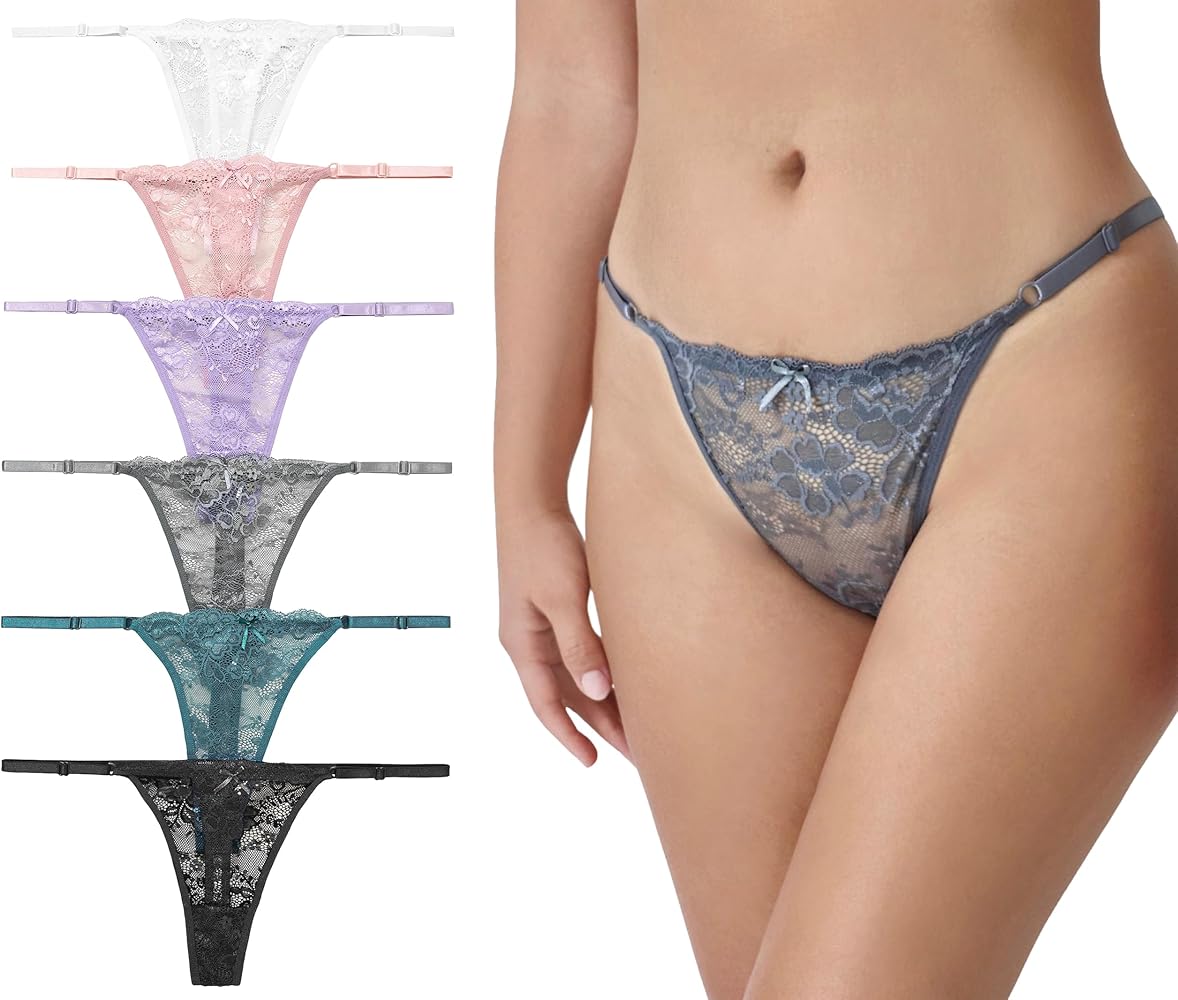 Floral Lace Thongs For women Adjustable Low Rise Women Underwear Bridal Sexy Lingerie Panties for Women Pack 6