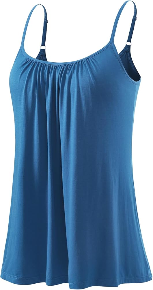 Womens Camisole Tank Top Built in Bra Cami Pleated Loose Fit Camisole Adjustable Strap S-XXXXL