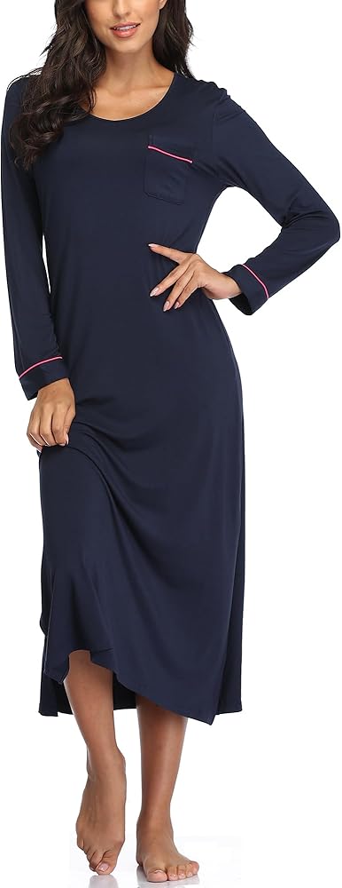 EA'S SECRET Nightgowns for Women Long Sleeve V Neck Nightshirts Soft Knit Sleepwear Full Length Loungewear with Pocket