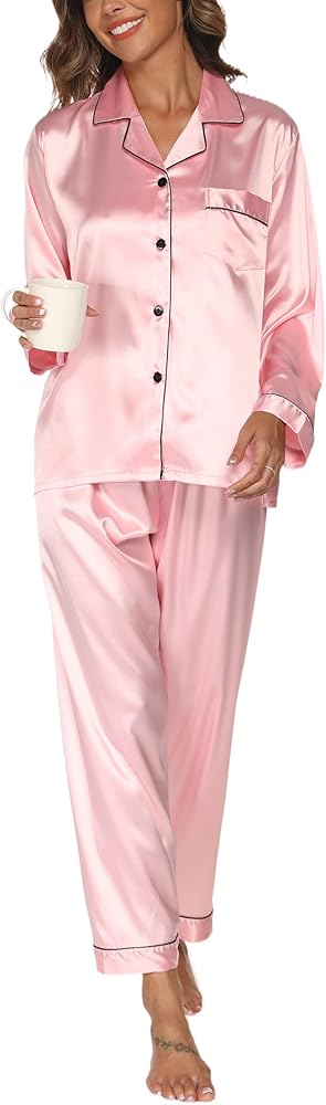 Womens Silk Satin Pajama Sets 2 Piece Pj Sets Button Up Pajamas Long Sleeve Sleepwear Lounge Sets with Pockets