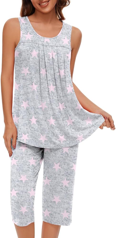 Pajama Sets for Women 2 Piece Summer Lounge Sets Floral Print Sleeveless Tank Tops & Capri Pants Soft Sleepwear