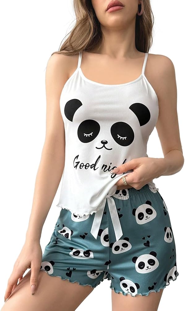 SOLY HUX Women's 2 Piece Summer Pajama Set Cartoon Print Sleeveless Cami Top and Shorts Sleepwear