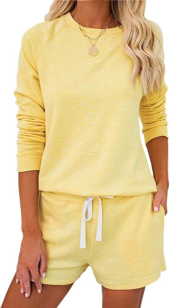 Metietila Women’s Long Sleeve Pajamas Set PJ Sets Casual Pullover and Shorts PJs Jogger Set Sleepwear Loungewear