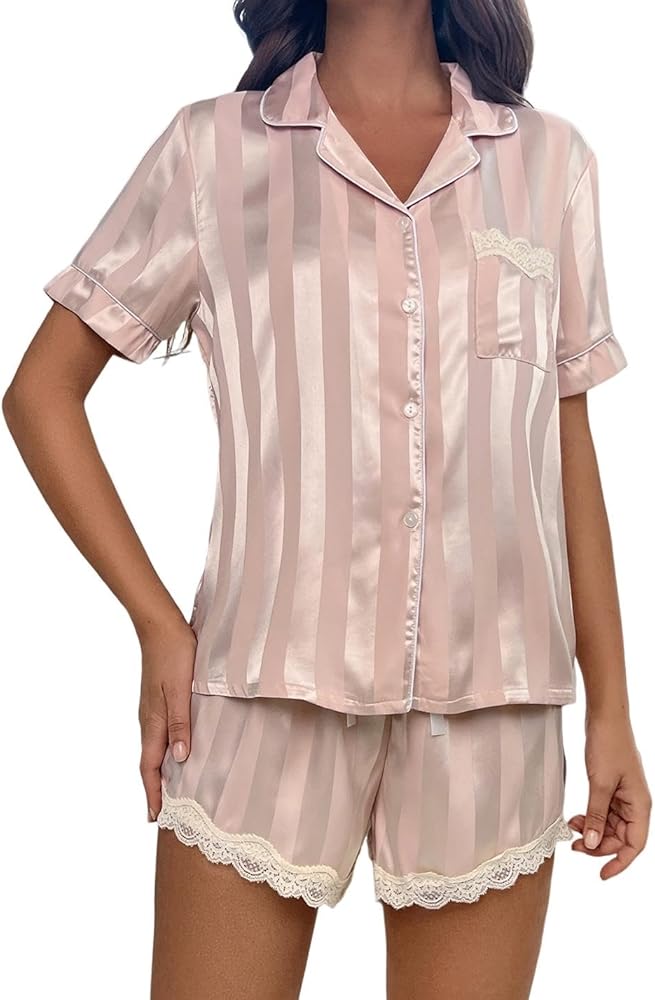 WDIRARA Women's 2 Piece Striped Satin Pajama Set Lace Trim Sleepwear Short Sleeve Button Shirt and Shorts Lounge Wear