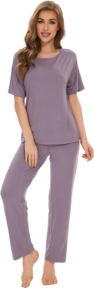 WiWi Womens Pajamas Sleepwear Short Sleeve Scoop Neck Lounge Sets with Pants Pj Viscose from Bamboo Pjs S-XXL