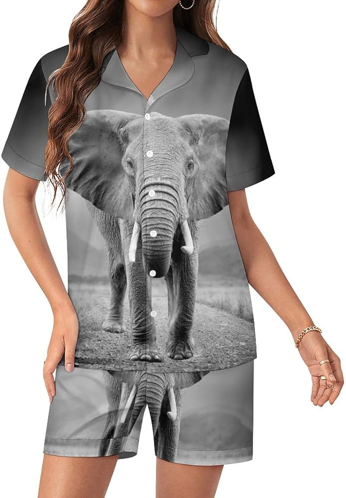 African Elephant Walking Women's Pajamas Set Two Piece Button Down Sleepwear Short Sleeve And Shorts Loungewear