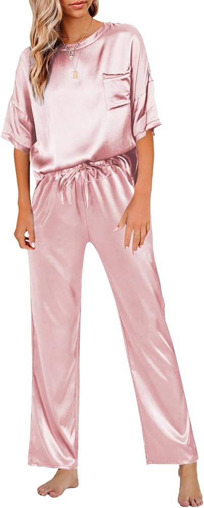 LYANER Women's Satin Silk Pajama Set Short Sleeve T-shirt with Pants Set PJ Loungewear