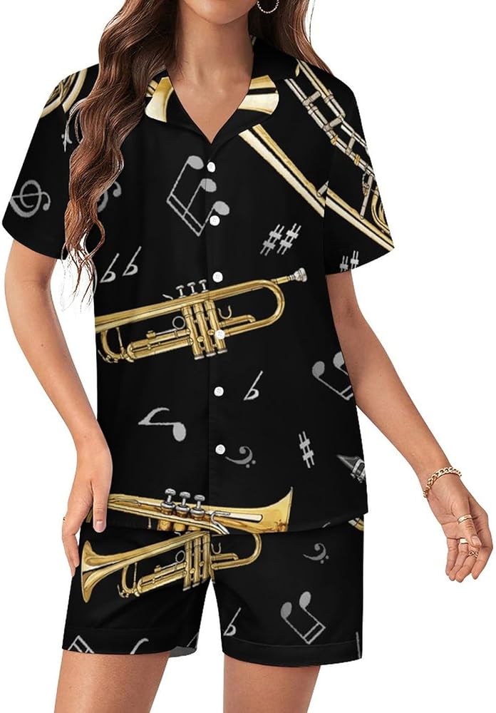 Musical Instrumenta Womens Silk Satin Pajamas Set Short Sleeve Button-Down Sleepwear Loungewear Pj Set