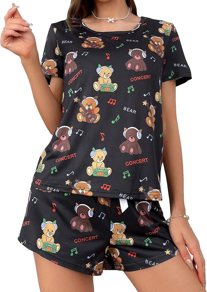 SOLY HUX Women's Cute Cartoon Print Sleepwear Short Sleeve Tee with Shorts Pajama Set Black Bear Medium