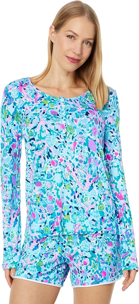 Lilly Pulitzer Pj Knit Long Sleeve Henley Top for Women with Round Neckline, Allover Print, and Long Sleeves