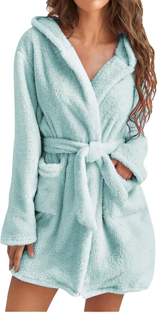 Women Hooded Fleece Robe, Short Plush Robes for Womens With Hood Soft Warm Spa Bathrobe Sleepwear with Pockets