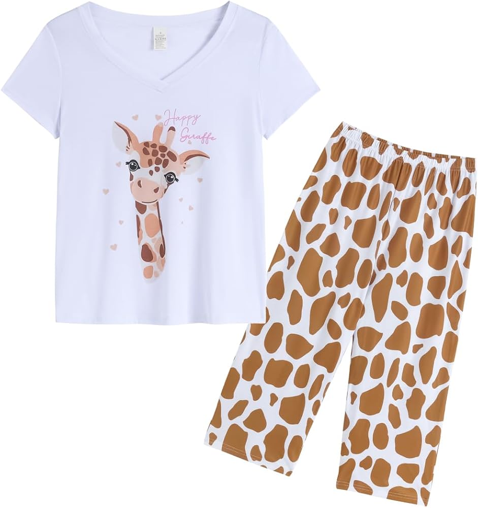 YIJIU Women's Short Sleeve Tops and Capri Pants Cute Cartoon Print Pajama Sets