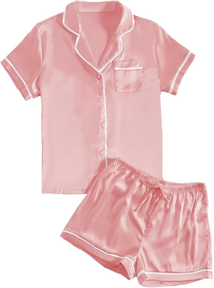 Remidoo Women's Short Sleeve Button Down Satin 2 Piece Pajama Set Sleepwear