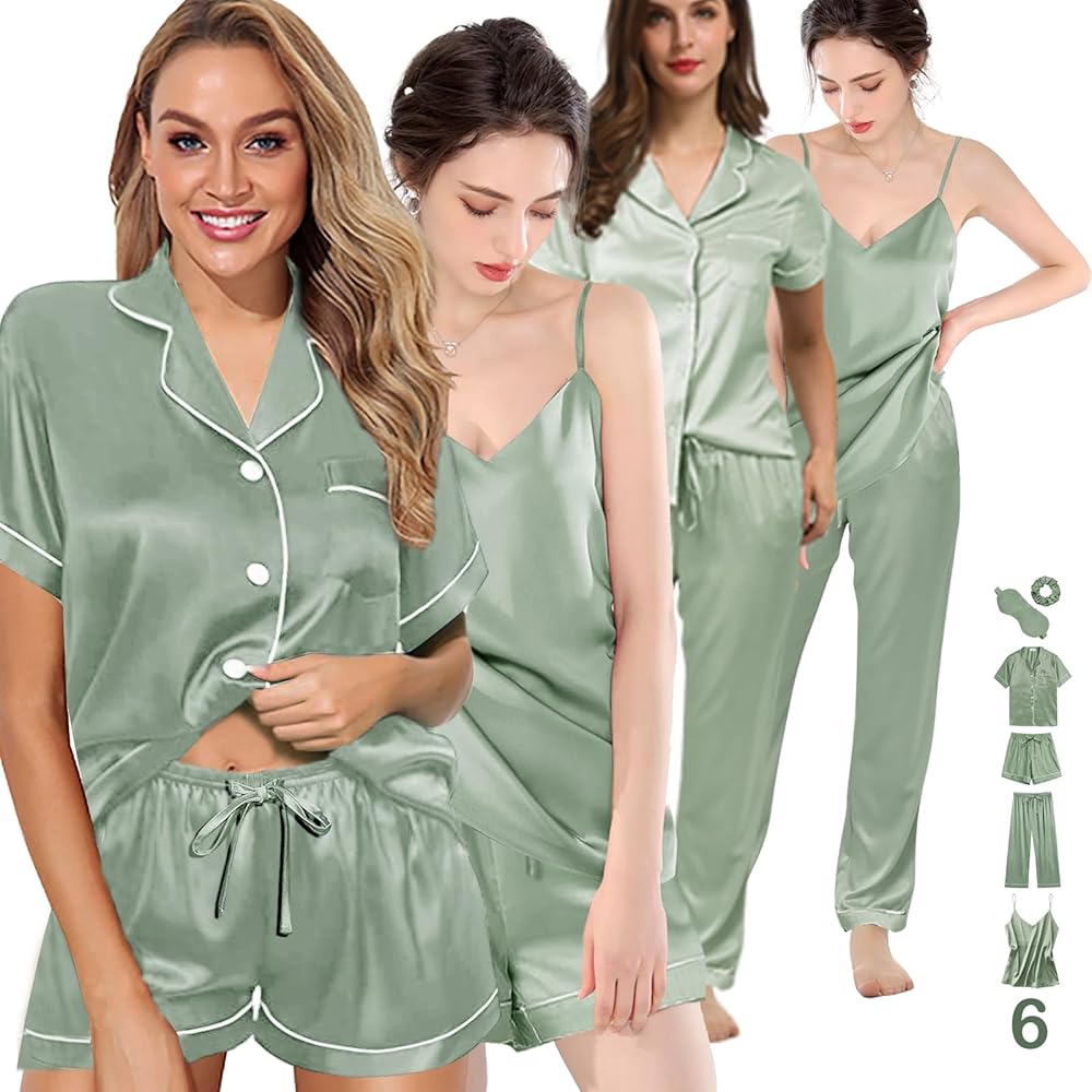 6Pcs Womens Silk Satin Pajama Sets Pj Sets Short Pjs Set Pajamas Sleepwear Camisole Sexy Cami