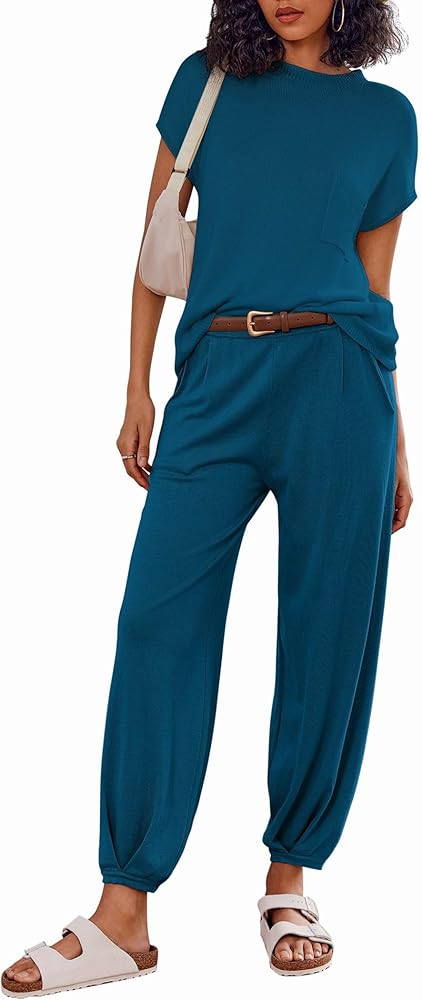 Ekouaer Women's 2 Piece Lounge Set Cap Sleeve Tops and Jogger Pants Knit Pajama Sweatsuit S-XXL