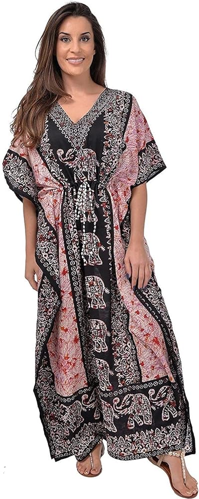 Sharvgun Women's Elephant Print,Long Kaftan Dress Boho Gown, V-Neck Kimono Tunic,Nightdress Beach Kaftan One Size/Free Size Black