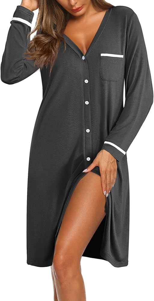 Ekouaer Womens Nightgown V-Neck Sleepwear Long Slevee Button Down Nightshirt