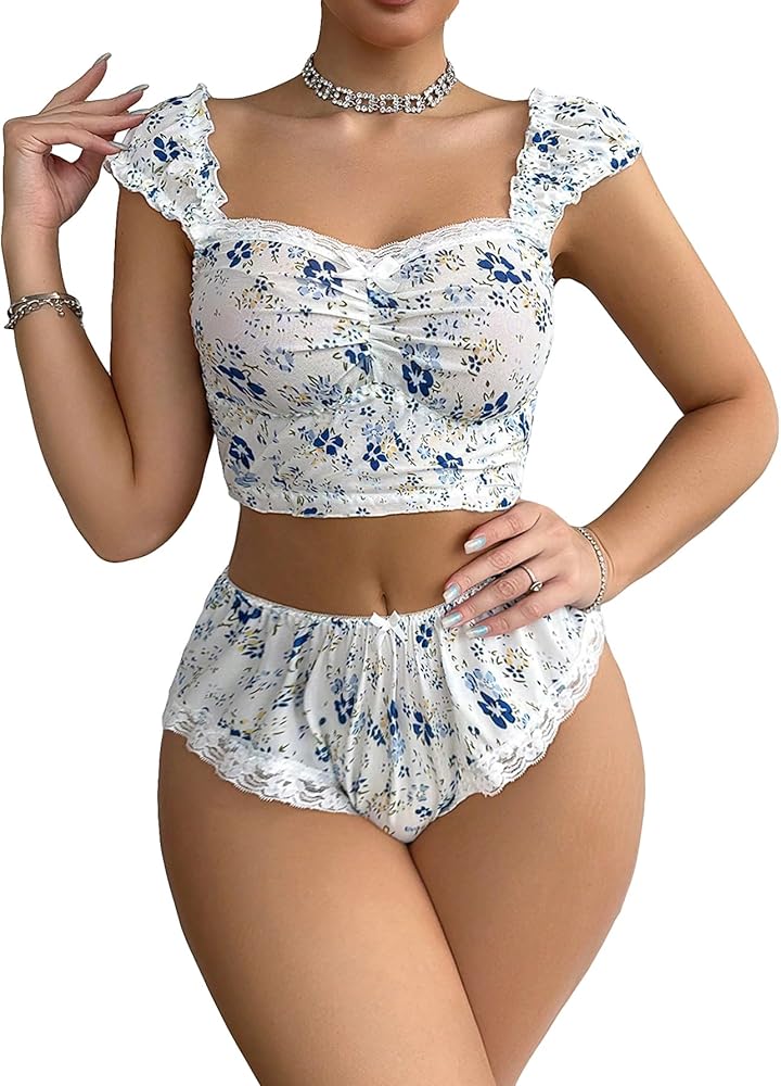 SHENHE Women's Sexy Sleepwear Lace Trim Cami Bralette Crop Top and Shorts Floral Pajama Set