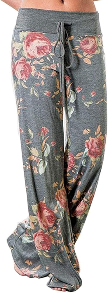 ROSA JUNIO Comfy Pajama Pants for Women Casual Drawstring Floral Palazzo Lounge Pants Stretch Wide Leg Bottoms