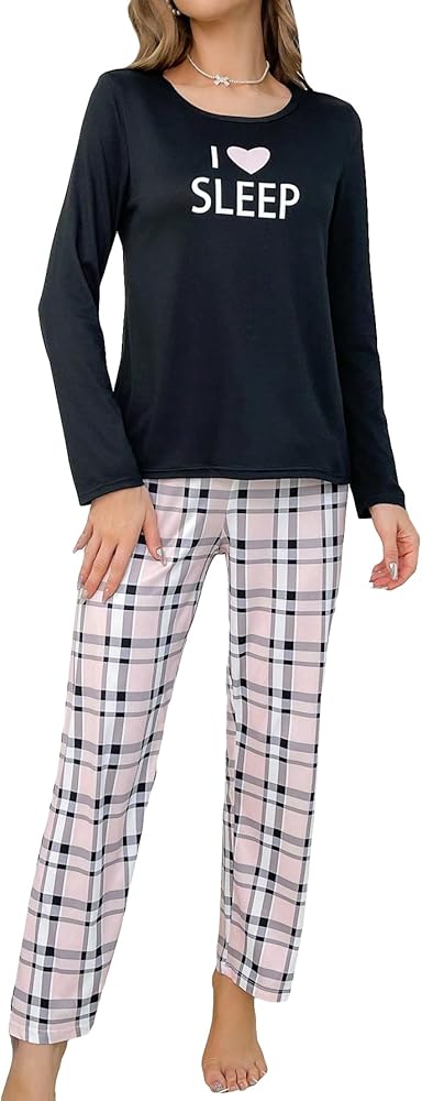 SweatyRocks Women's 2 Piece Pajamas Set Long Sleeve Sleepwear Graphic Print Tee Top and Plaid Pants Set