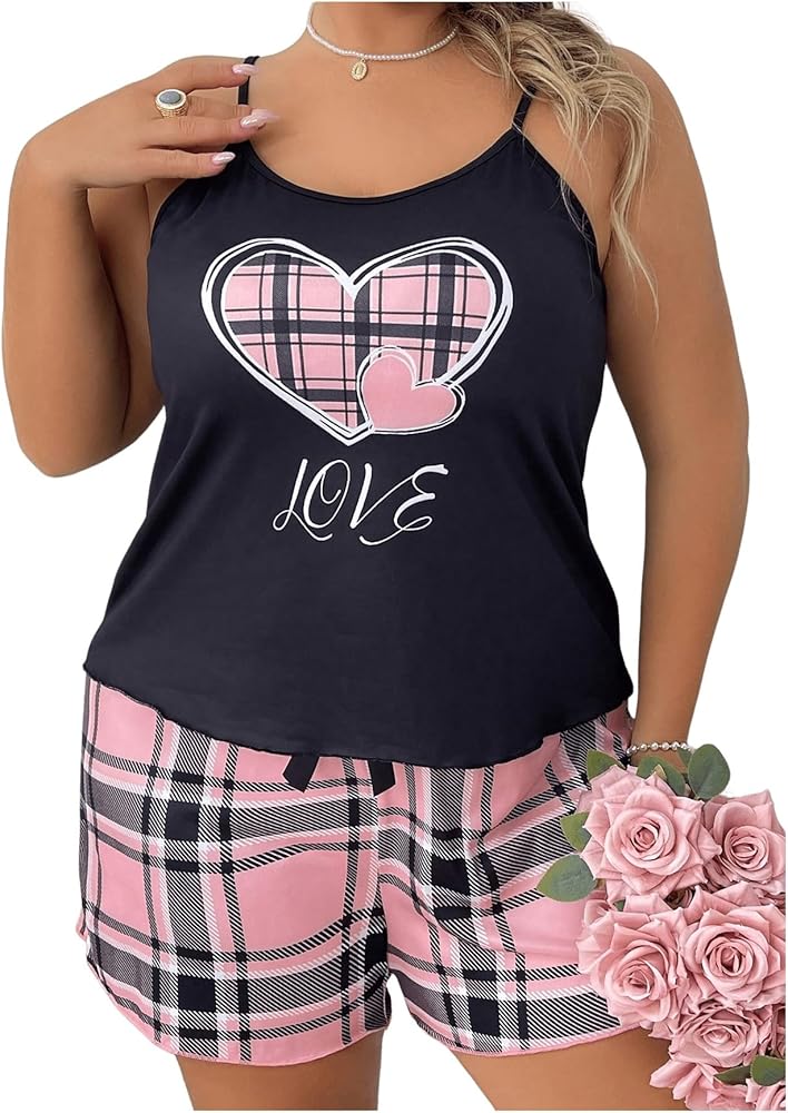 Milumia Women's Plus Size 2 Piece Pajama Set Plaid Cami Top and Shorts Set