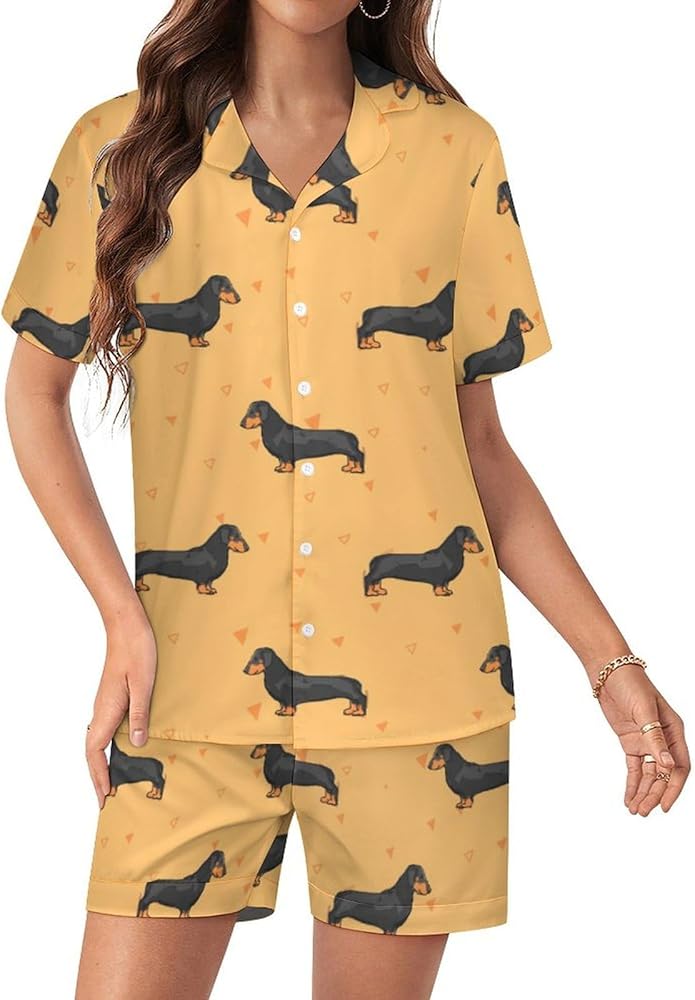 Cute Dogs Dachshund Women's Pajamas Set Two Piece Button Down Sleepwear Short Sleeve And Shorts Loungewear