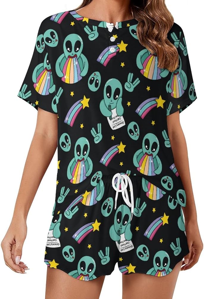 Space Cute Alien And Rainbow Classic Women's Pajamas Loungewear Set Loose Short Sleeve Sleepwear With Pockets